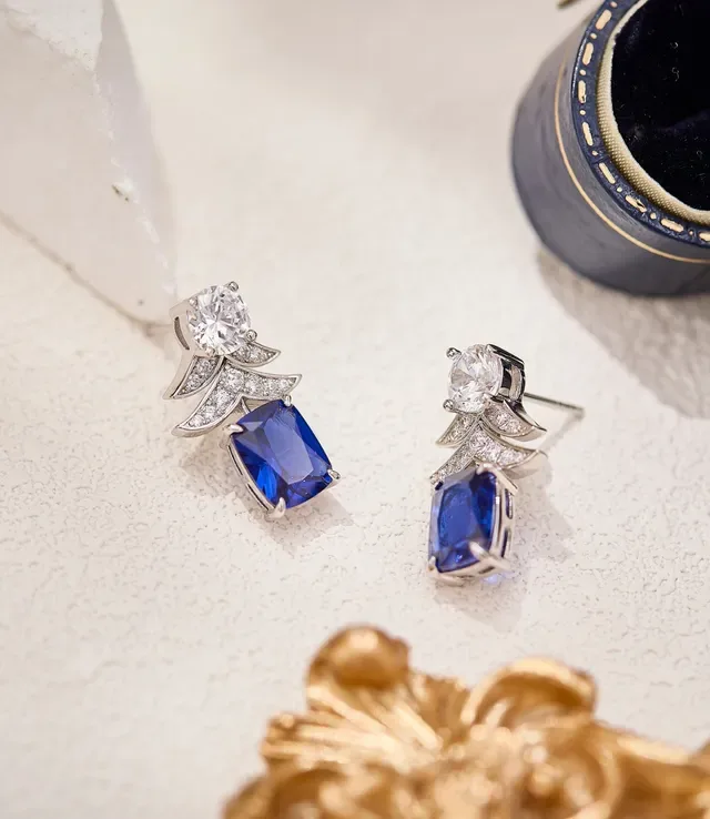 Tree-Shaped Pavé Motif Blue Gemstone and Clear Stone Earrings 2