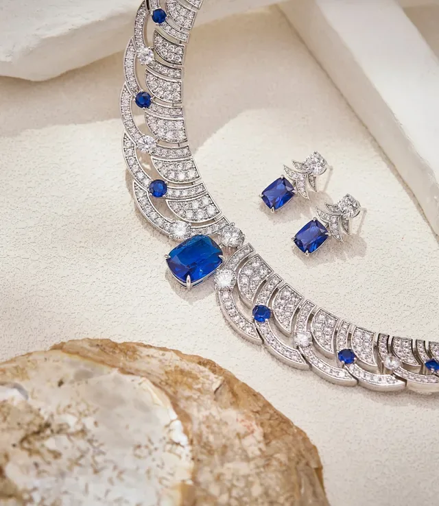 Tree-Shaped Pavé Motif Blue Gemstone and Clear Stone Earrings 3