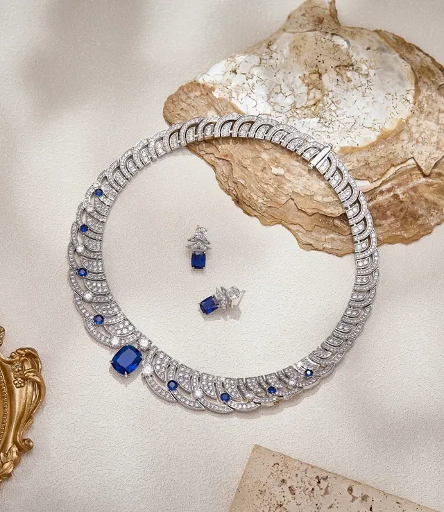 Tree-Shaped Pavé Motif Blue Gemstone and Clear Stone Earrings 5