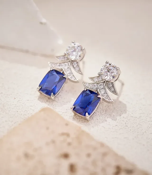 Tree-Shaped Pavé Motif Blue Gemstone and Clear Stone Earrings 6