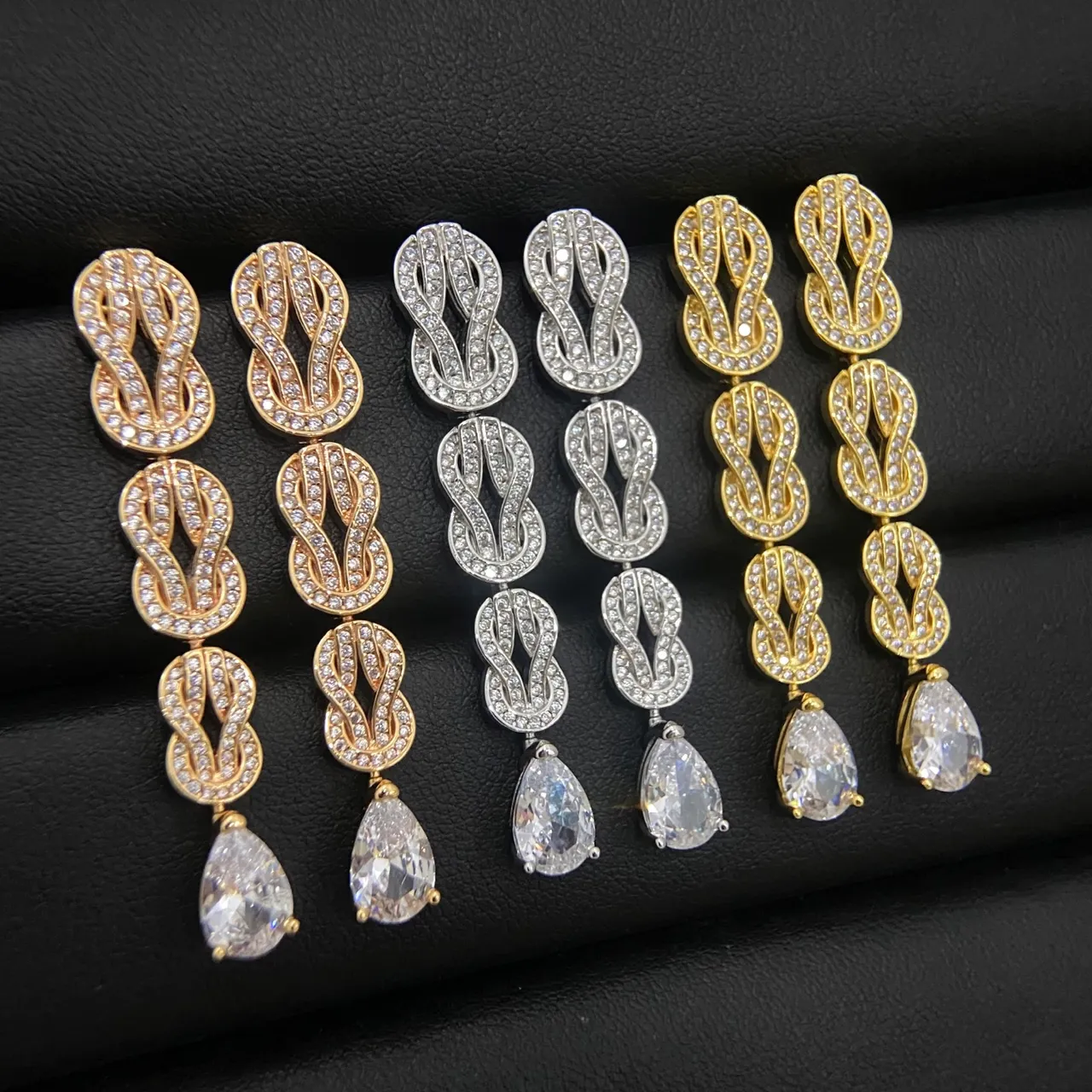 Triple Knot Pavé and Pear Drop Dangling Earrings 2