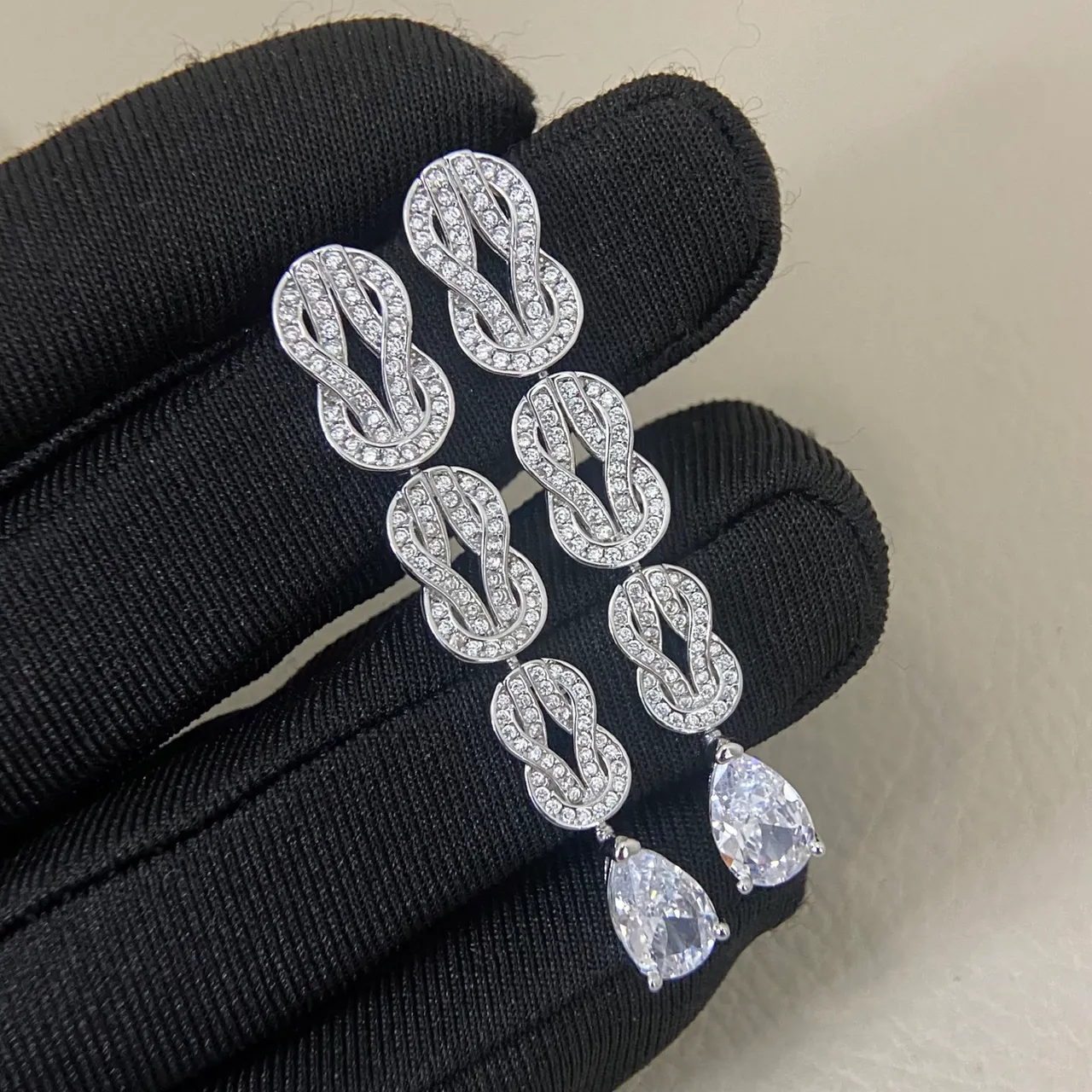 Triple Knot Pavé and Pear Drop Dangling Earrings 5