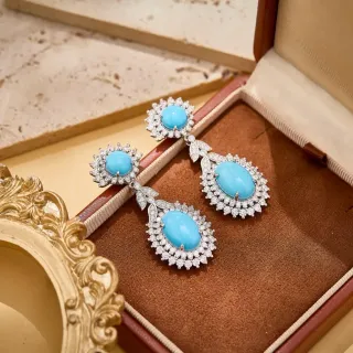 Turquoise and Diamond Halo Double-Drop Earrings