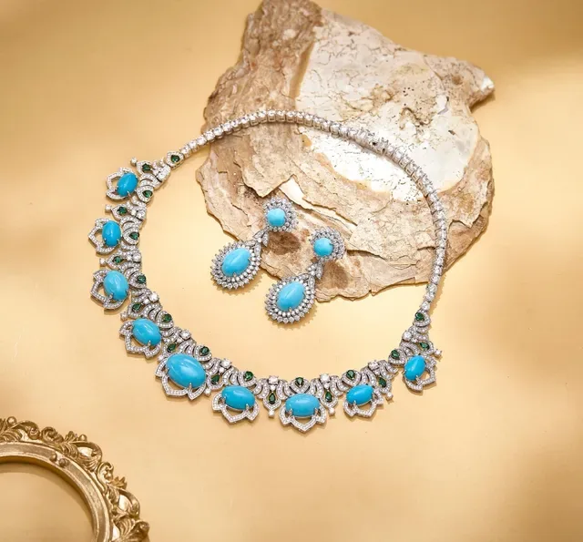 Turquoise and Diamond Halo Double-Drop Earrings 3