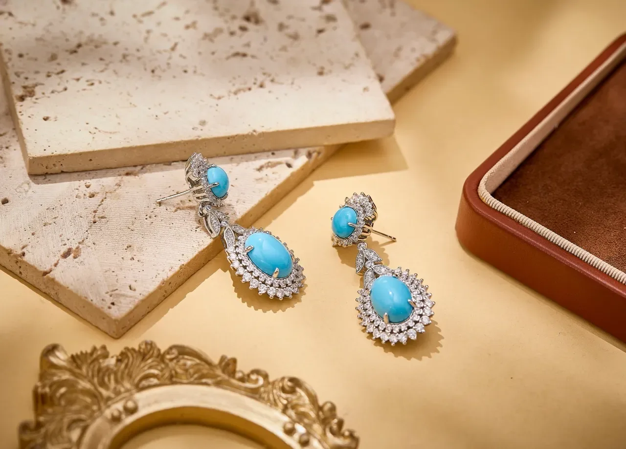 Turquoise and Diamond Halo Double-Drop Earrings 4