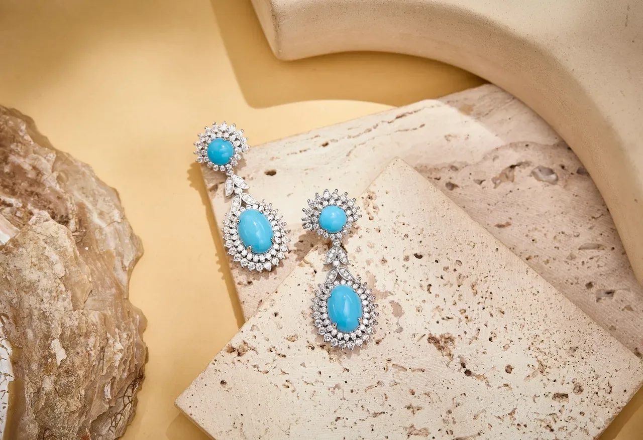 Turquoise and Diamond Halo Double-Drop Earrings 5