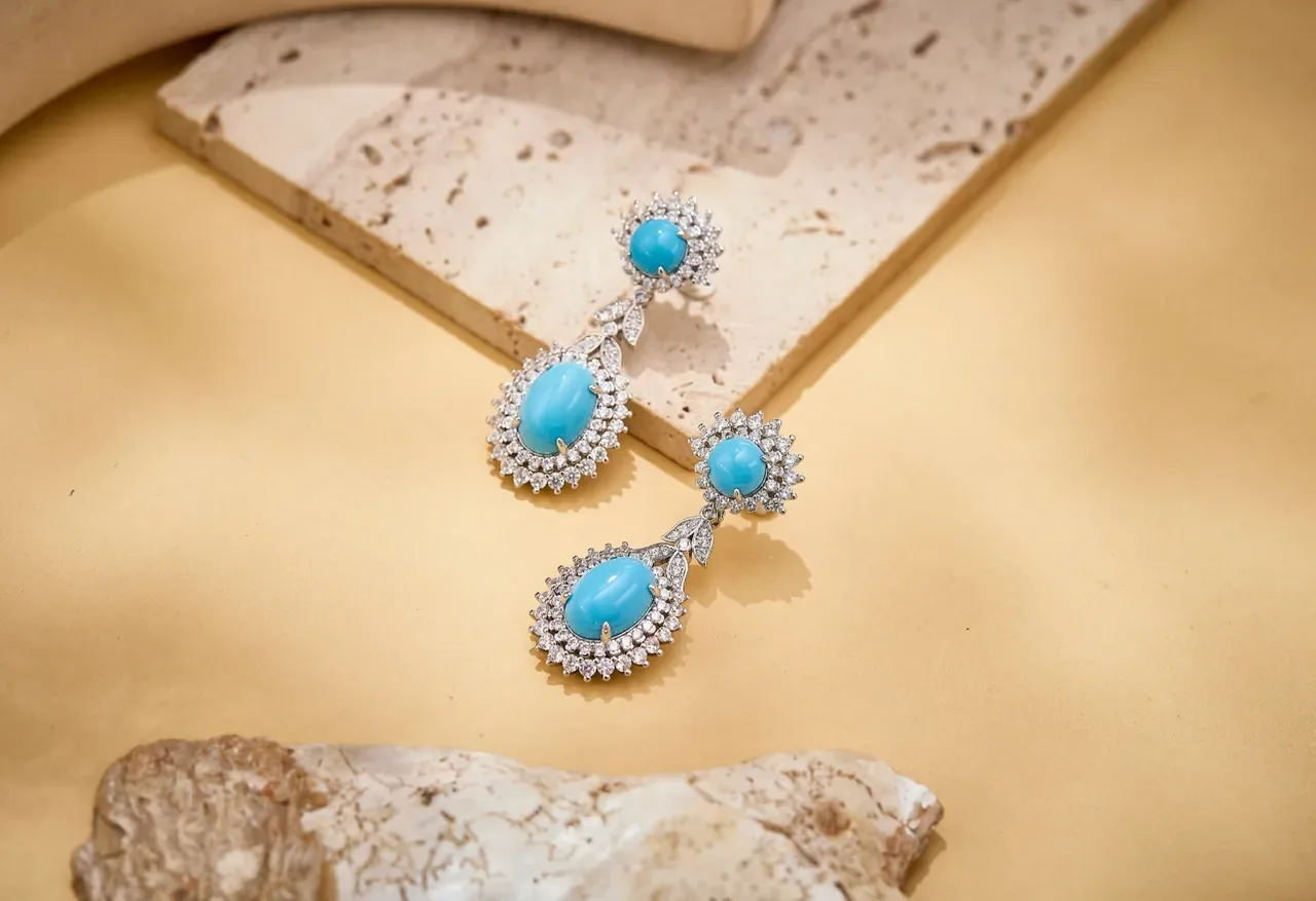 Turquoise and Diamond Halo Double-Drop Earrings 6