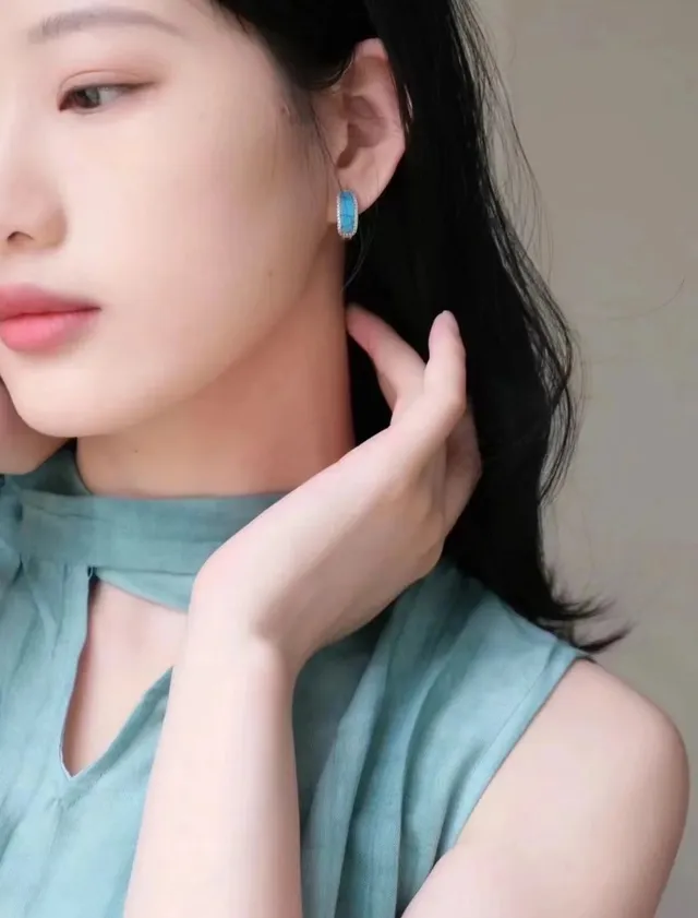 Turquoise Cabochon Pavé Hoop Earrings 3