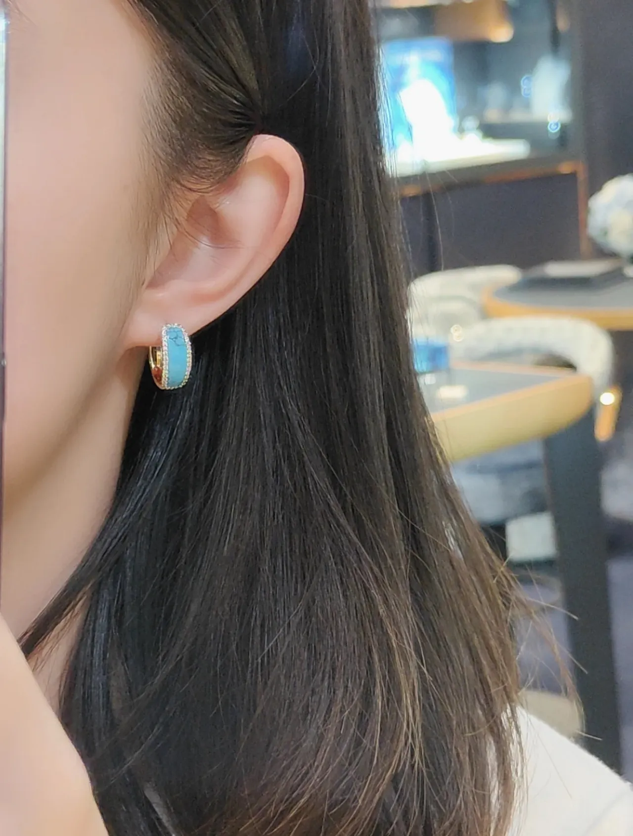 Turquoise Cabochon Pavé Hoop Earrings 4