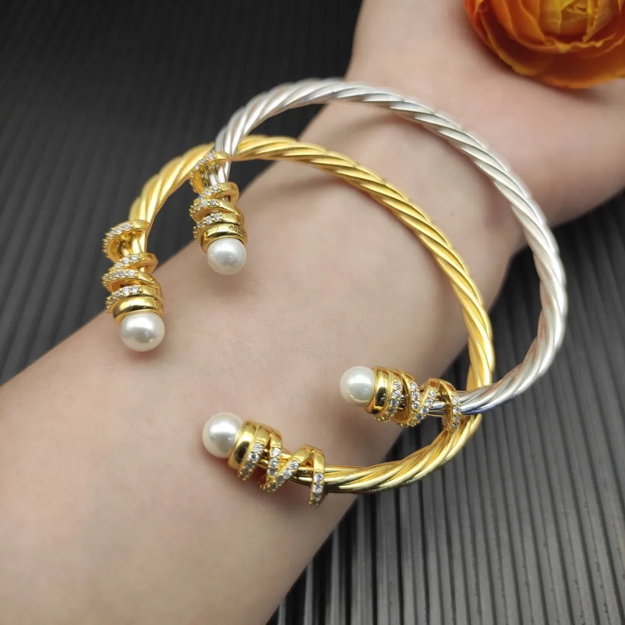 Twisted Cable Pearl and Diamond Bracelet 2