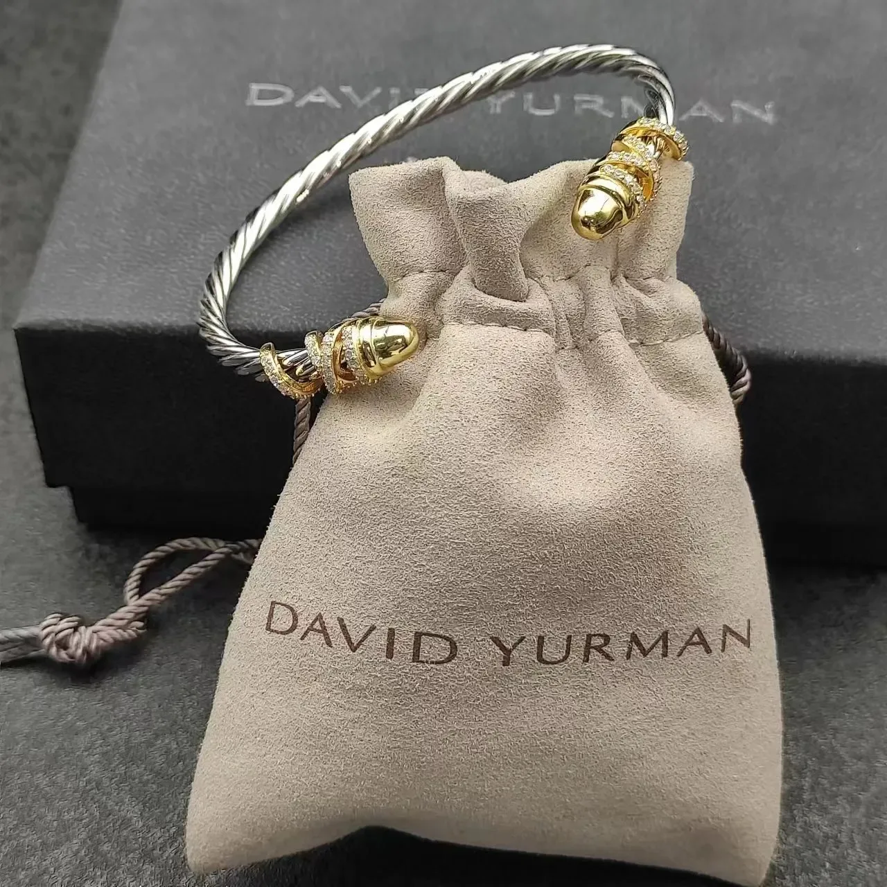 Twisted Cable Two-Tone Pavé End Cap Cuff Bracelet 5