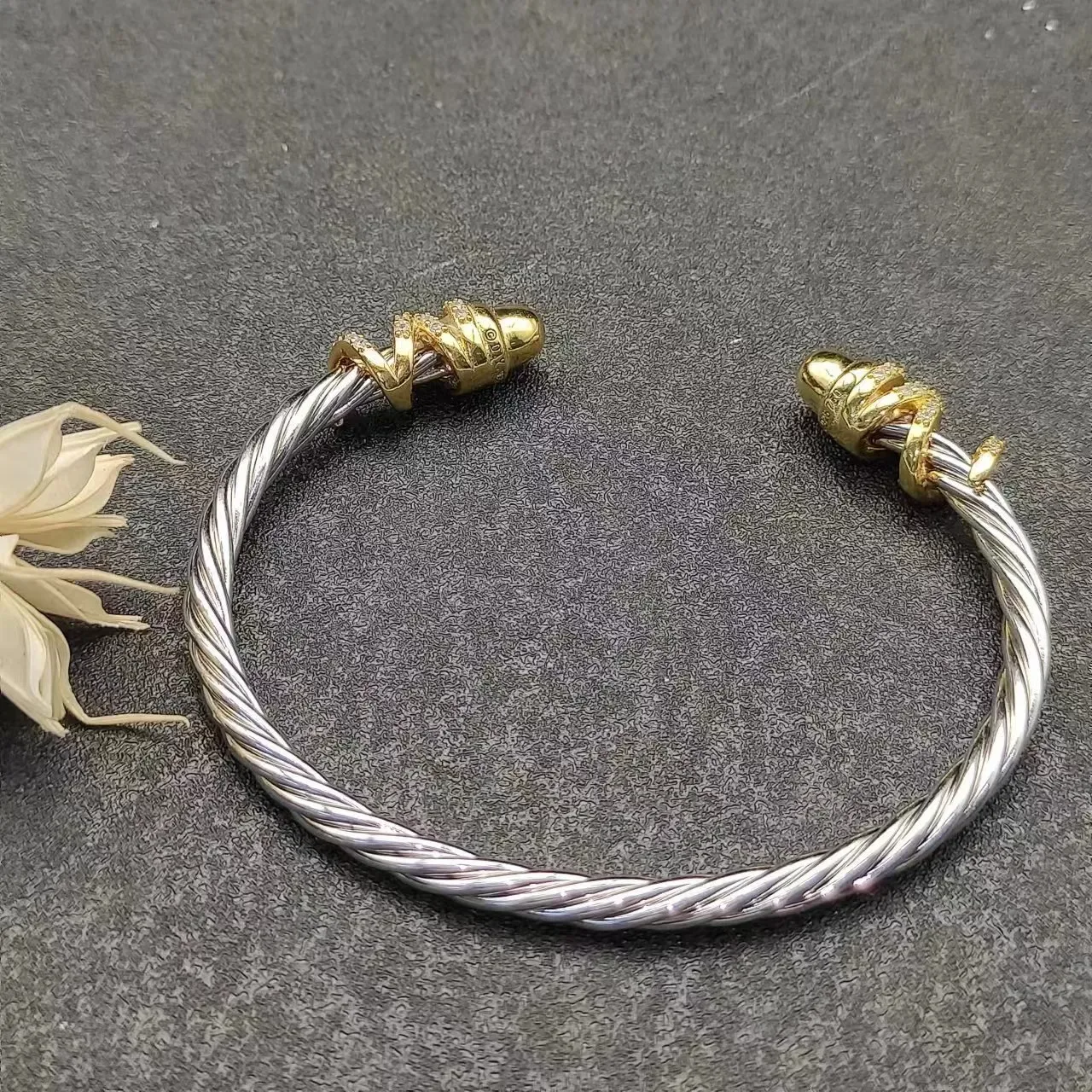 Twisted Cable Two-Tone Pavé End Cap Cuff Bracelet 9