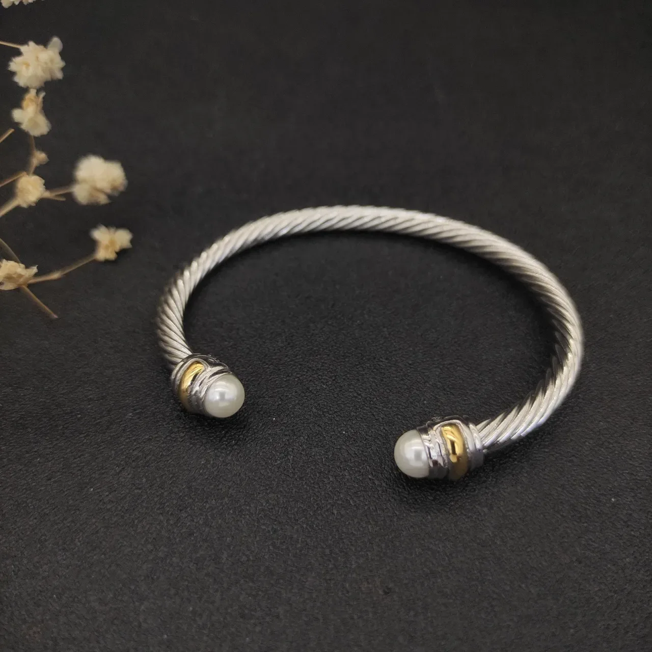 Twisted Cable Two-Tone Pearl-End Open Bangle Bracelet 2