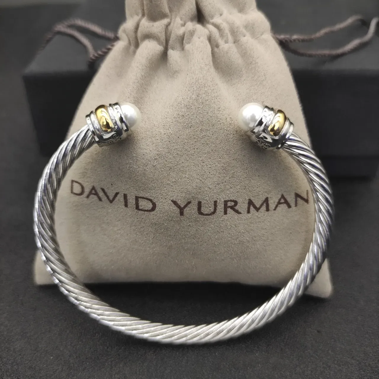 Twisted Cable Two-Tone Pearl-End Open Bangle Bracelet 4