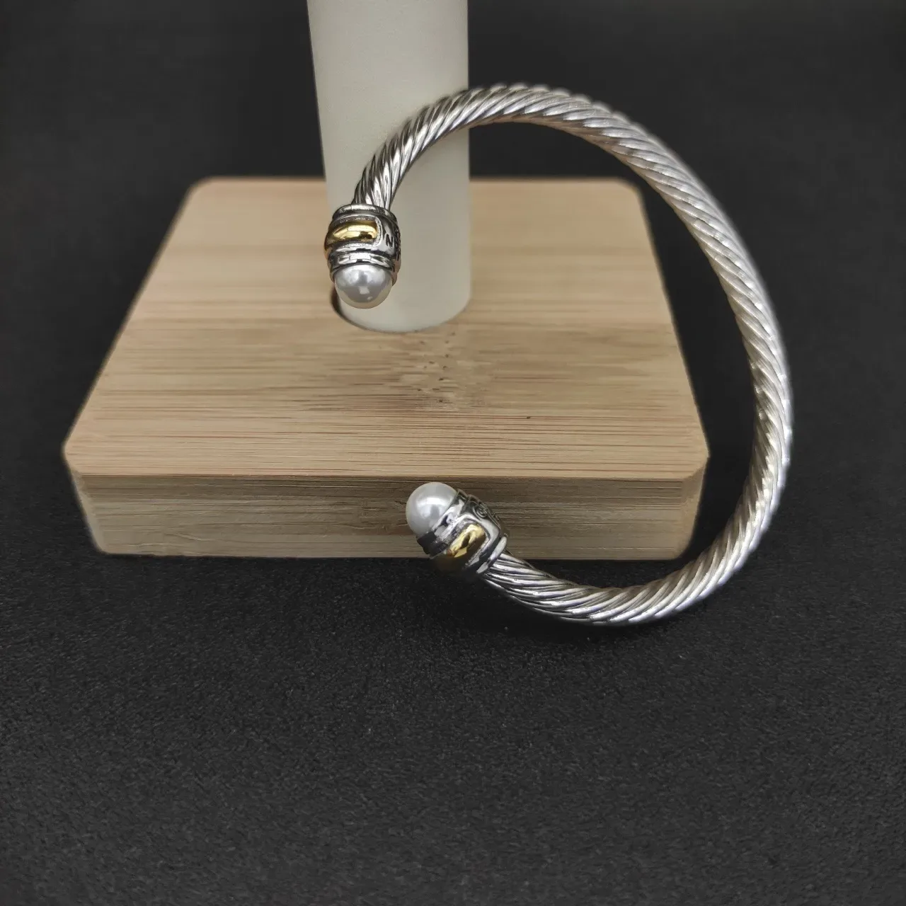 Twisted Cable Two-Tone Pearl-End Open Bangle Bracelet 7