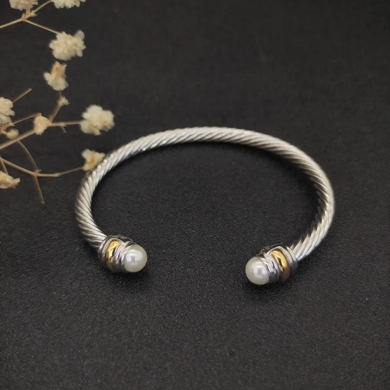 Twisted Cable Two-Tone Pearl-End Open Bangle Bracelet 9