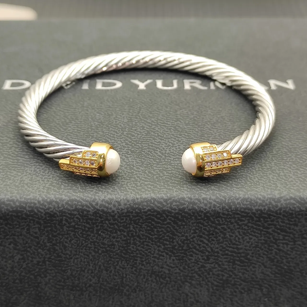 Twisted Cable Two-Tone Pearl-End Pavé Bracelet 4