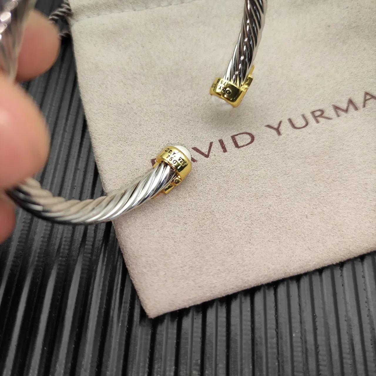 Twisted Cable Two-Tone Pearl-End Pavé Bracelet 6