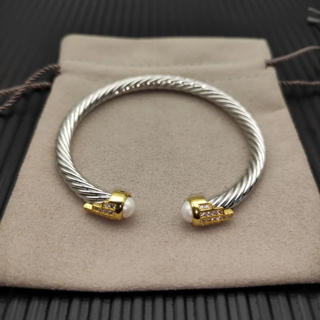 Twisted Cable Two-Tone Pearl-End Pavé Bracelet 7