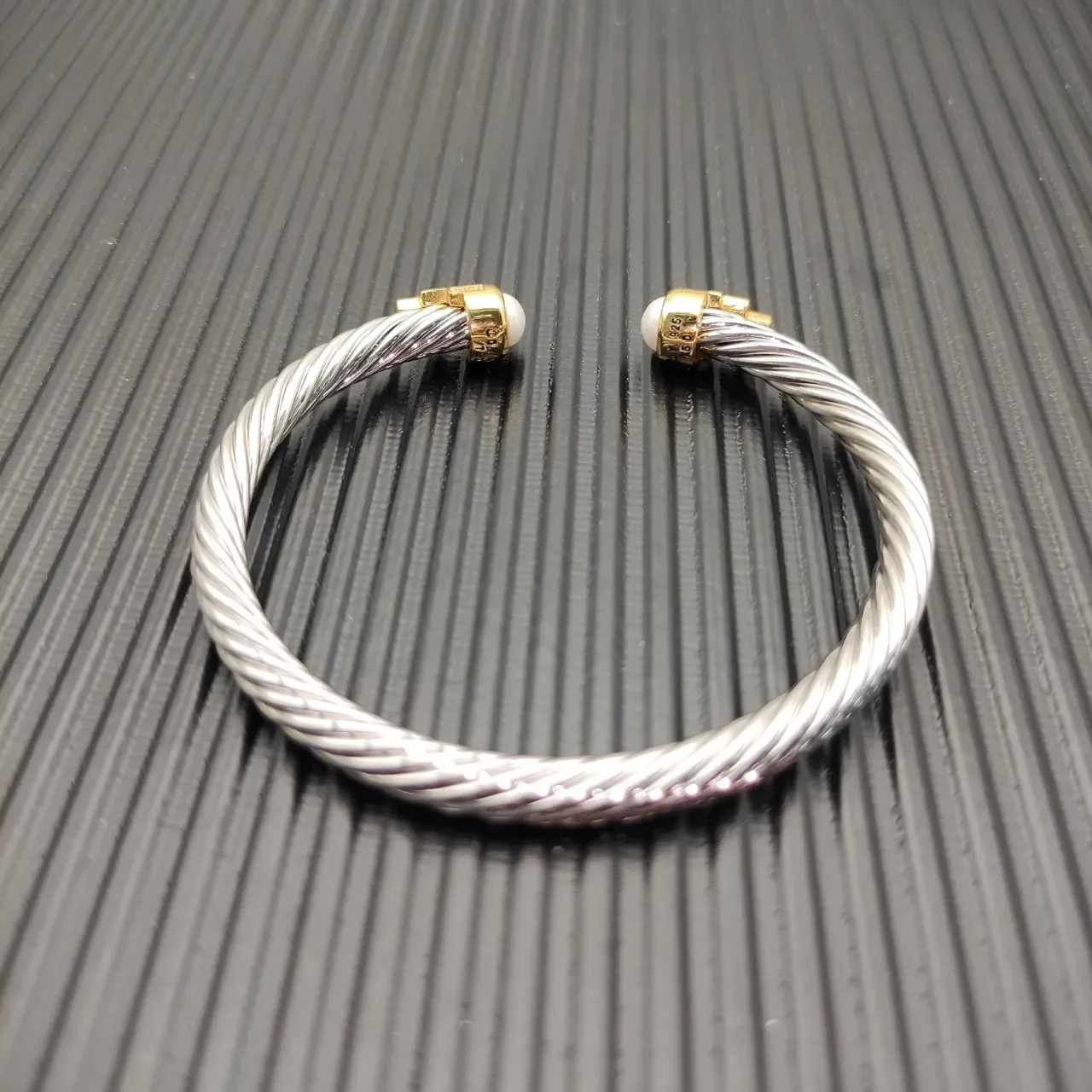 Twisted Cable Two-Tone Pearl-End Pavé Bracelet 9