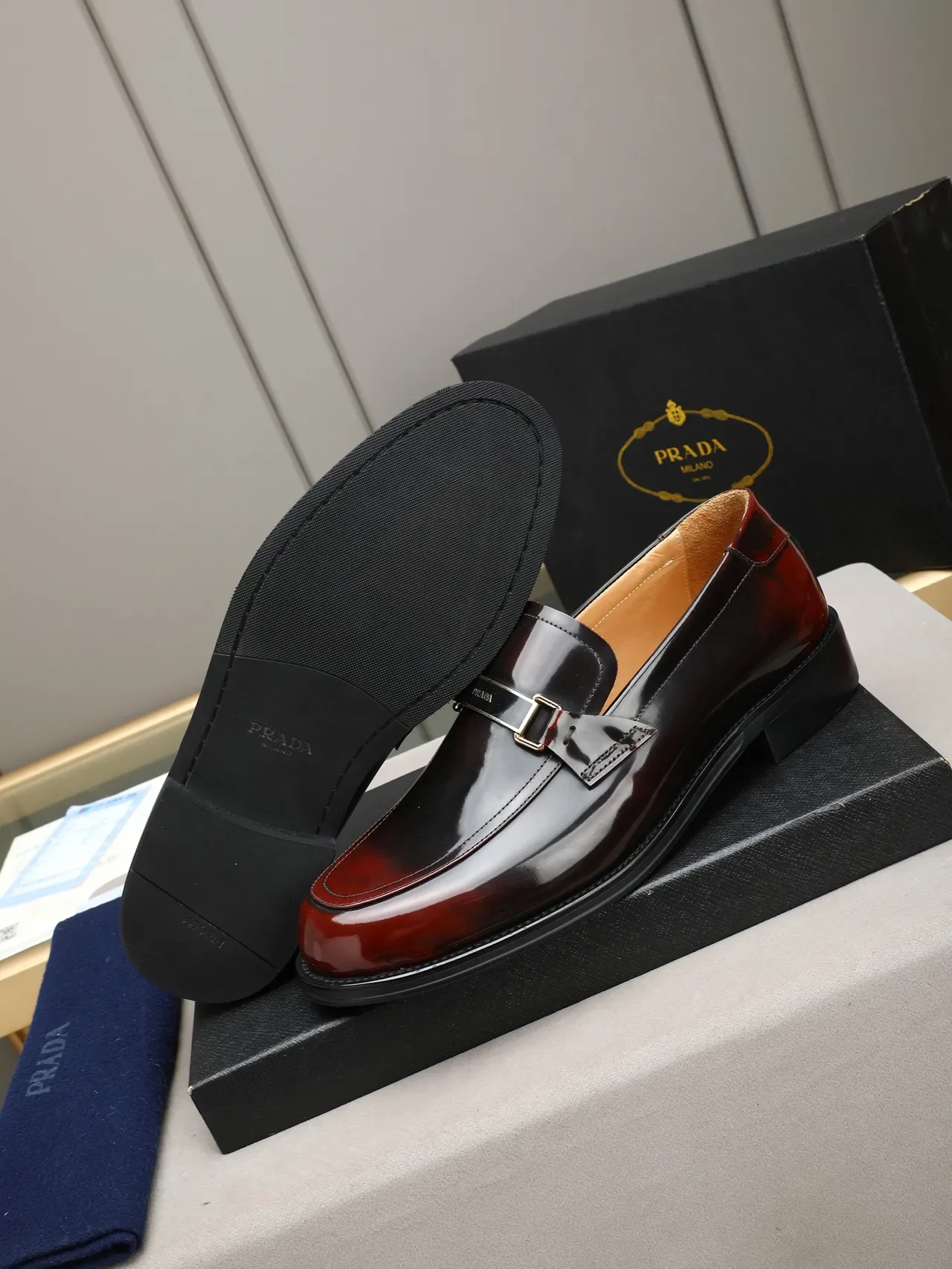 Two-Tone Black and Burgundy Patent Leather Buckle Loafer 4