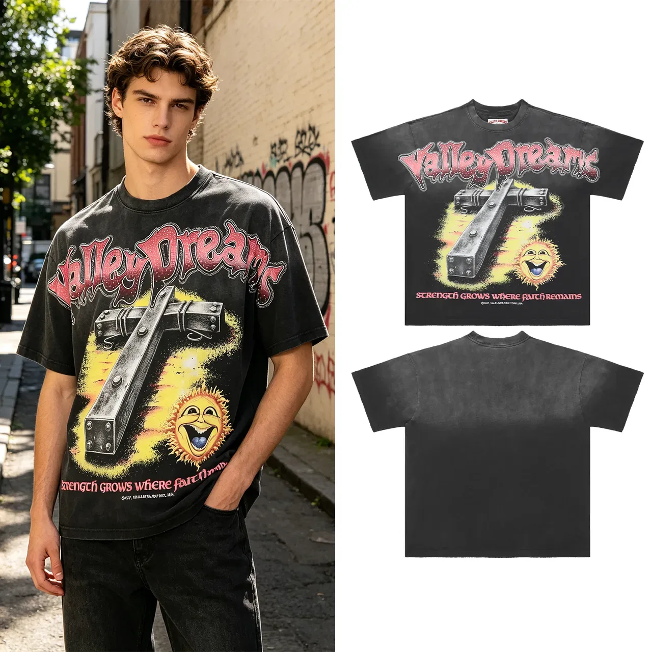 Vale Lives Valley Dreams Graphic Washed-Black T-Shirt 3