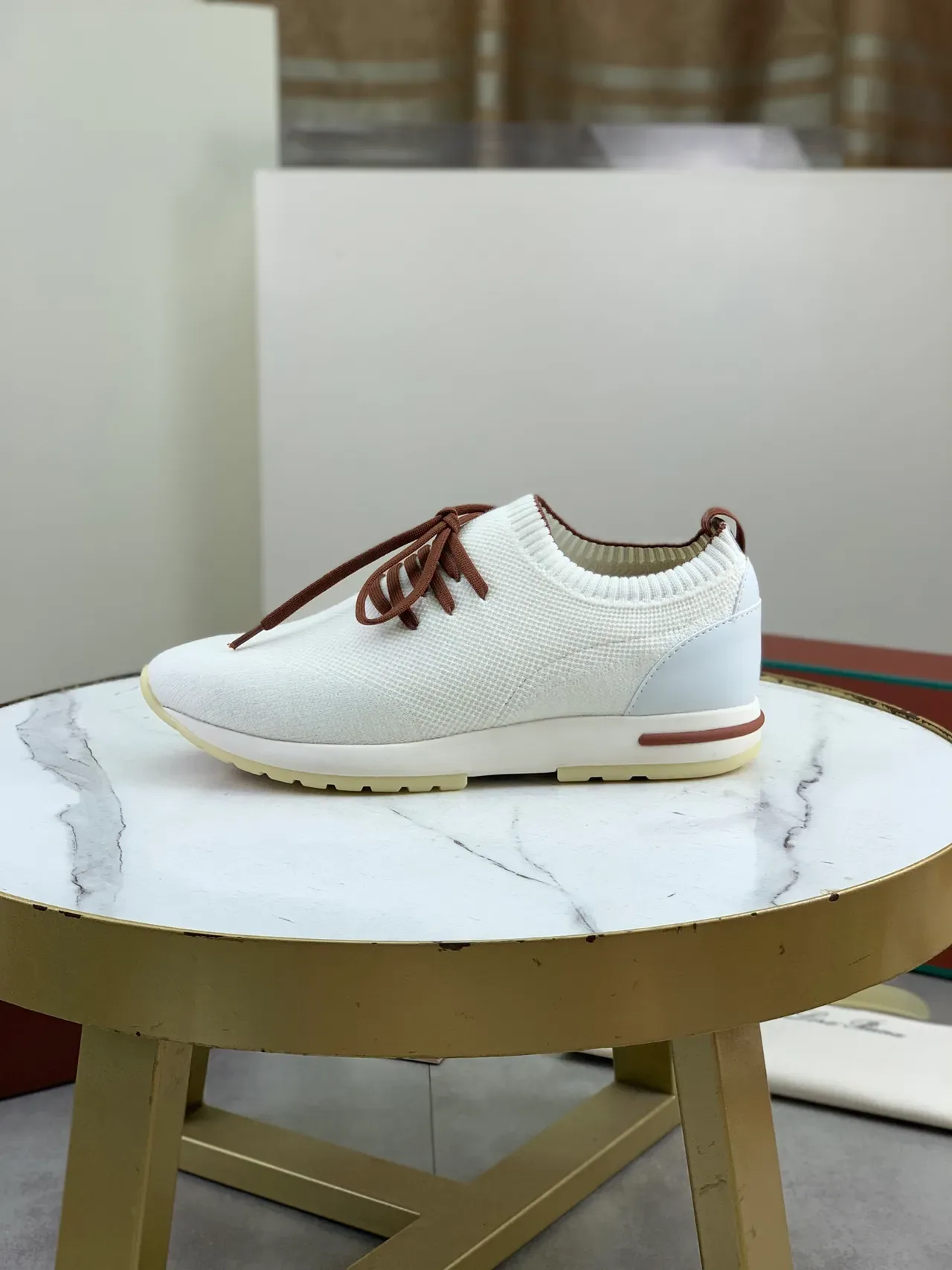 White and Brown Knit Sock-Collar Lifestyle Sneakers 5