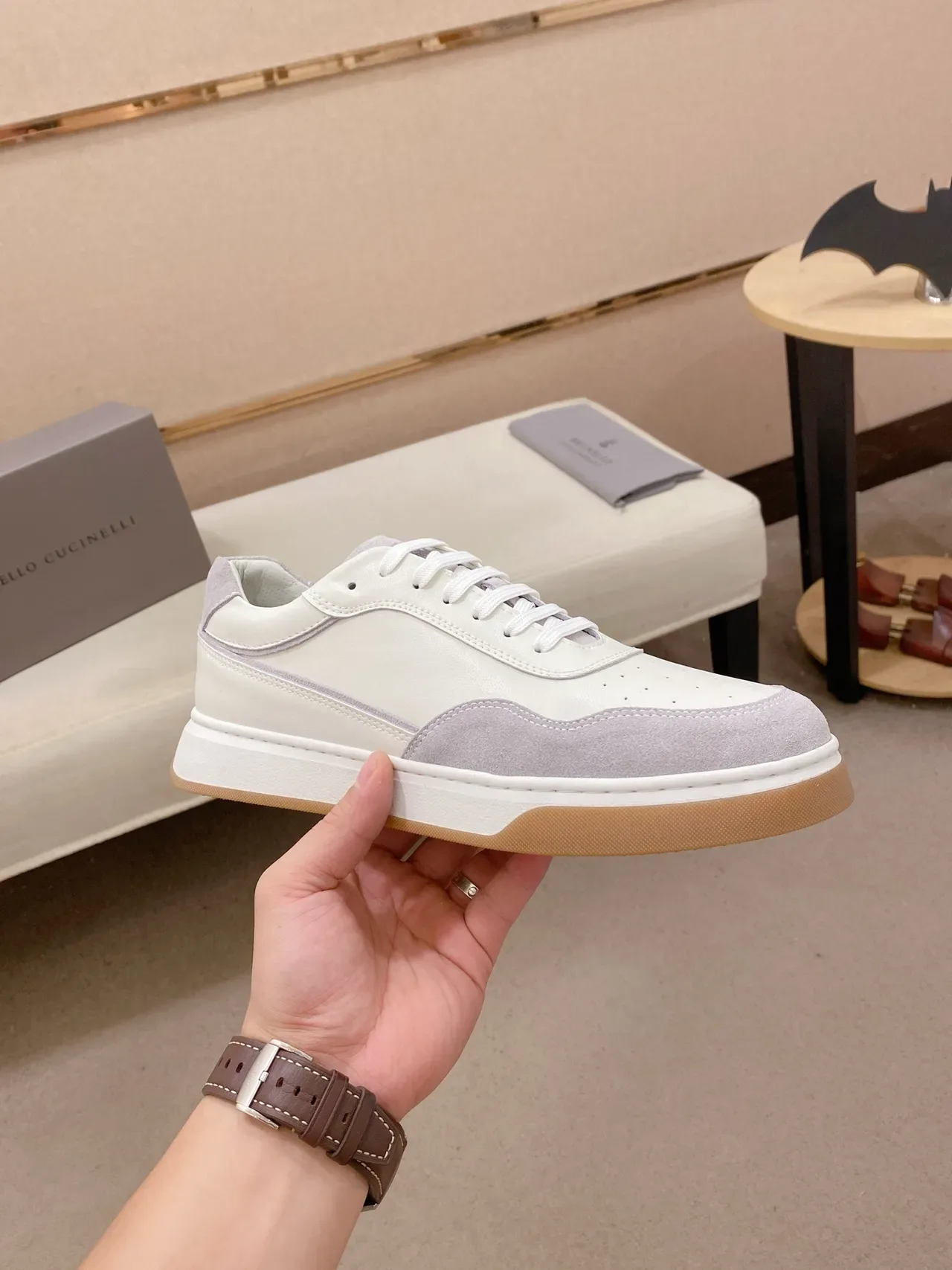 White and Lavender Suede Leather Low-Top Lifestyle Sneaker 4