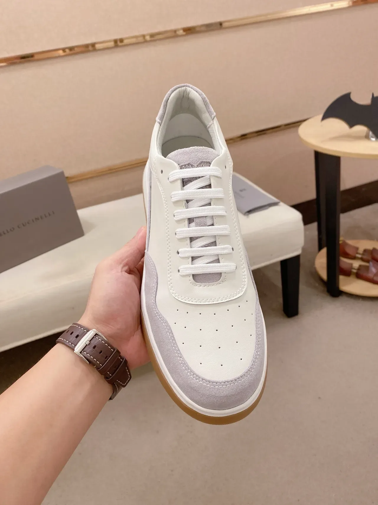 White and Lavender Suede Leather Low-Top Lifestyle Sneaker 5