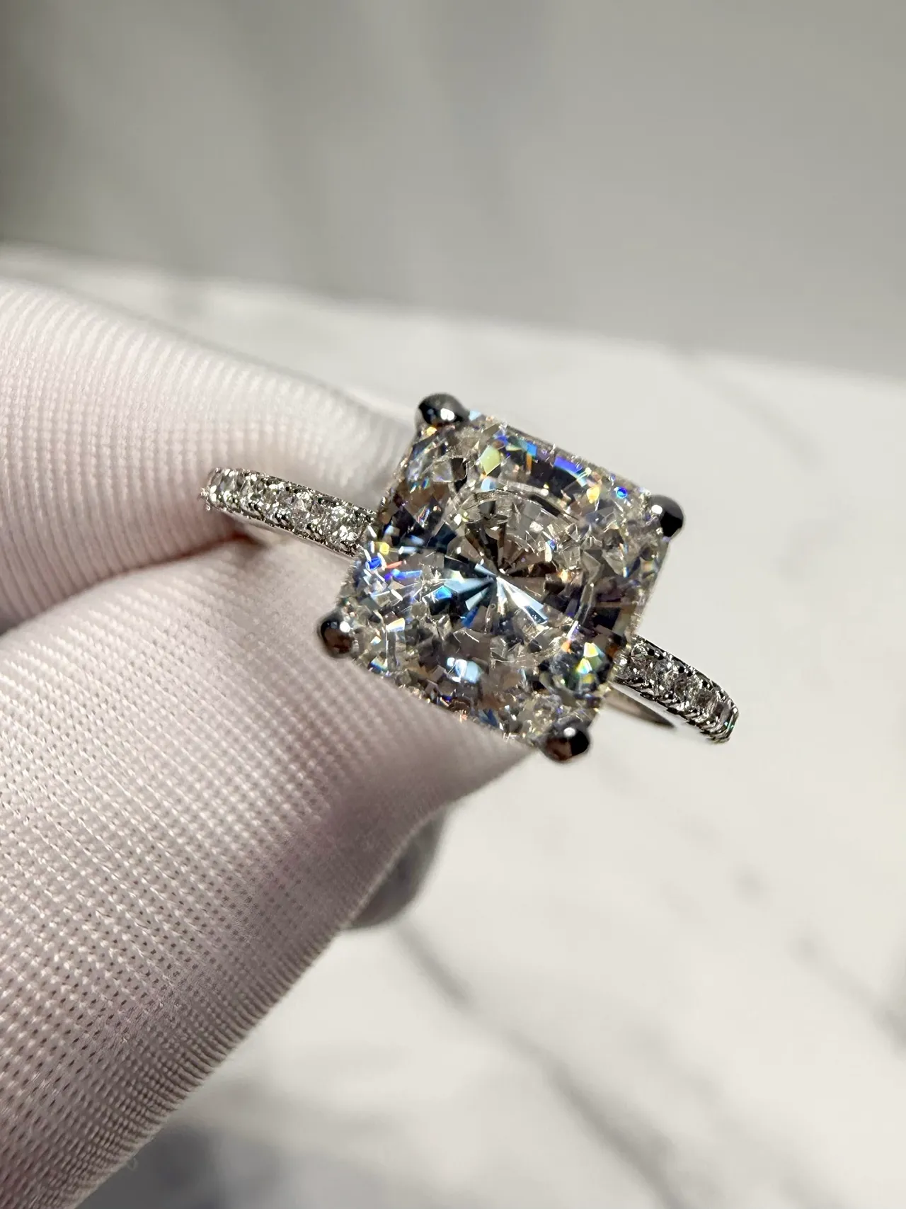 White Beige Cushion-Cut Center Stone Four-Prong Setting Ring 6