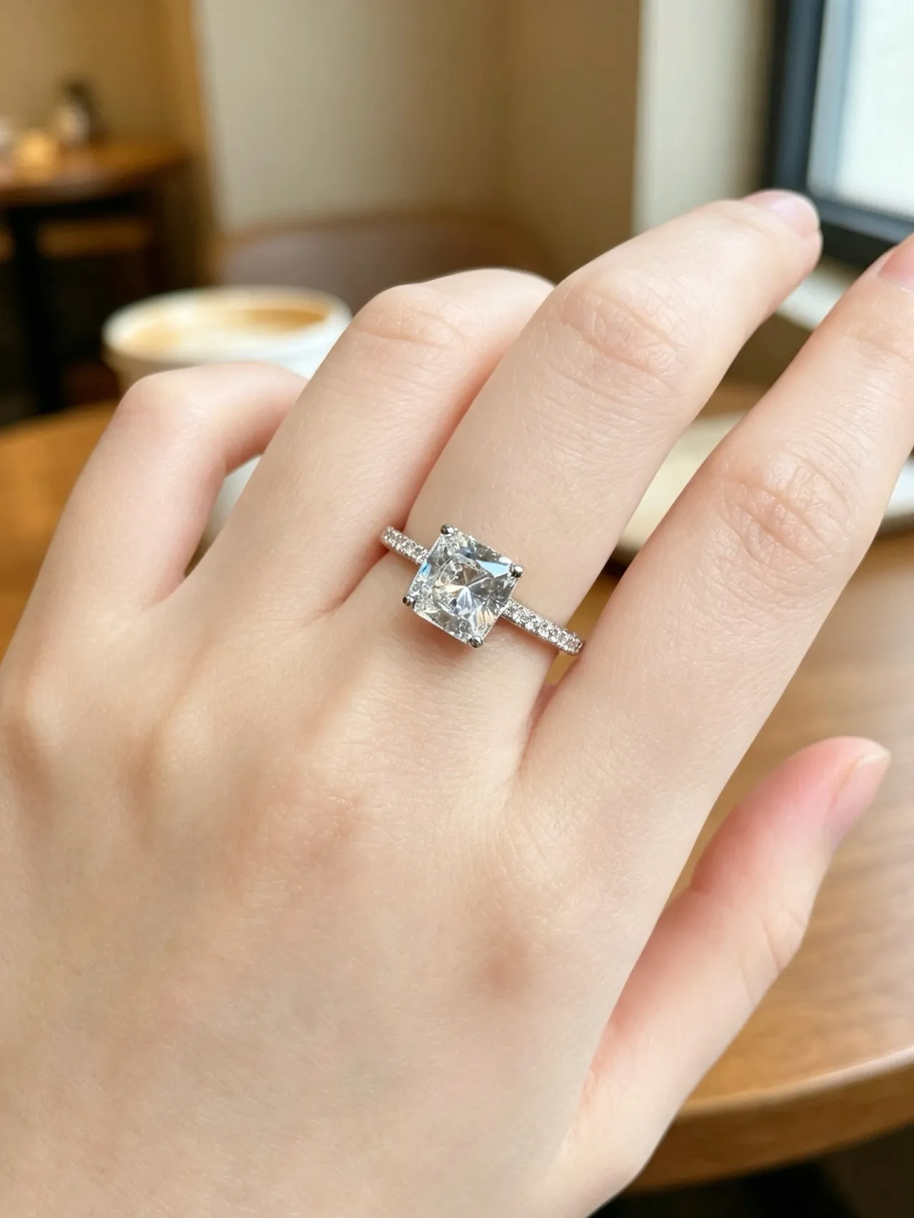 White Beige Cushion-Cut Center Stone Four-Prong Setting Ring 8