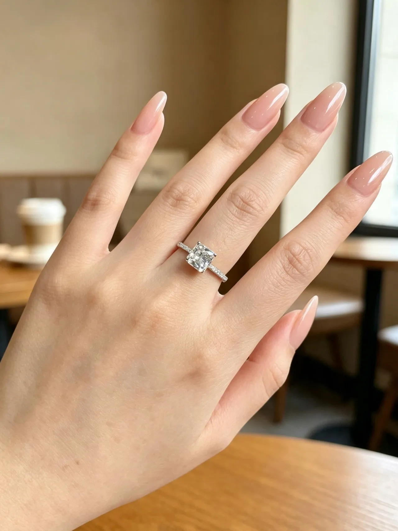 White Beige Cushion-Cut Center Stone Four-Prong Setting Ring 9