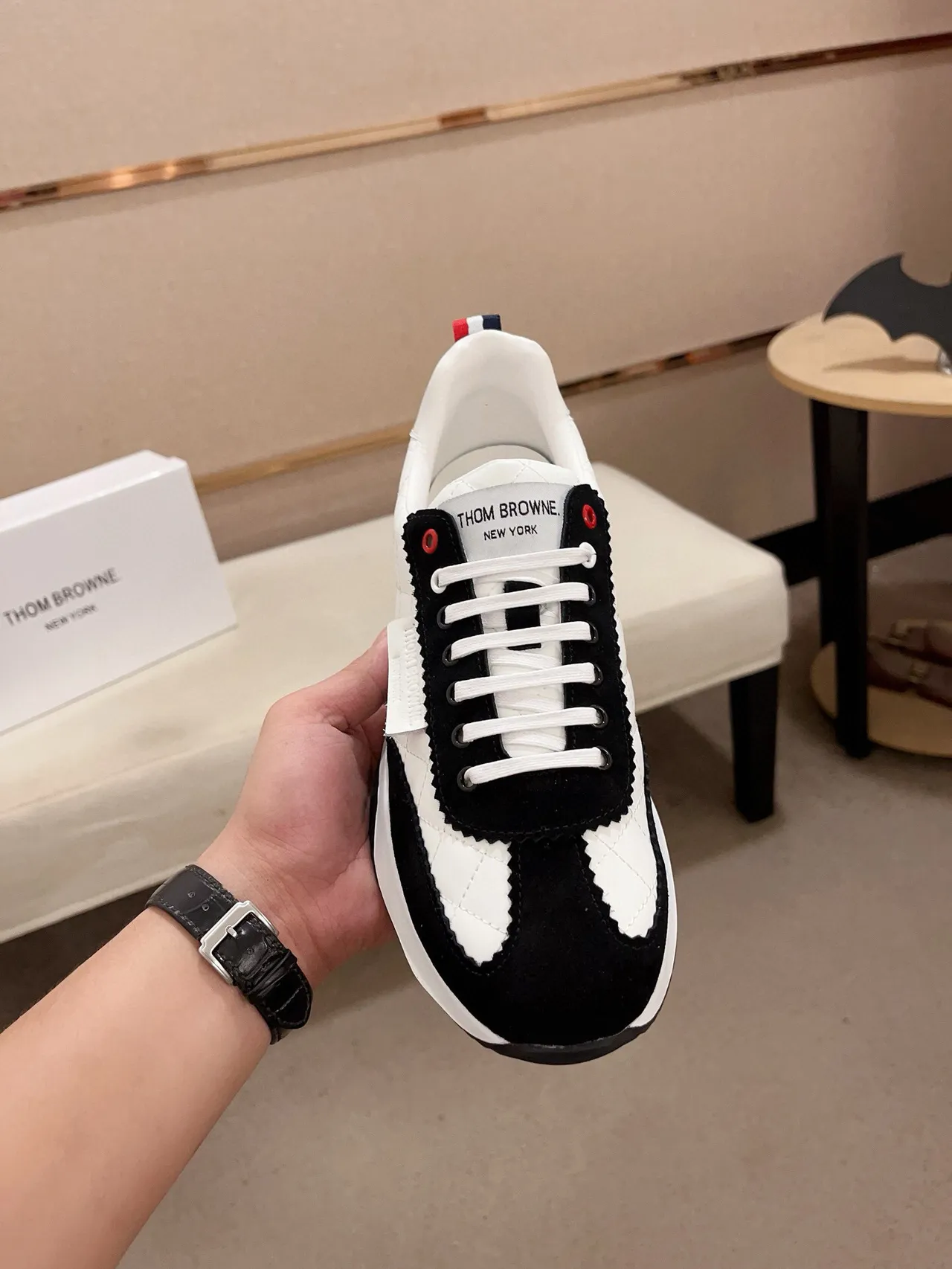 White Black Quilted Leather Suede Paneling Sneakers 2