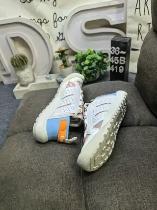 White Blue Orange Geometric Print Perforated Lace-Up Sneakers 6