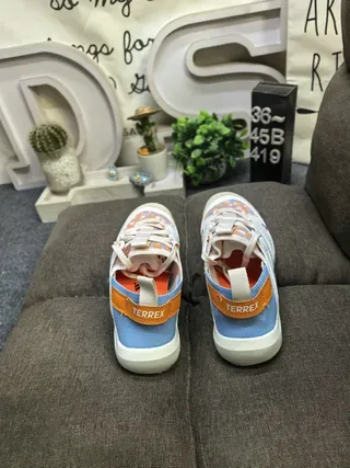 White Blue Orange Geometric Print Perforated Lace-Up Sneakers 8