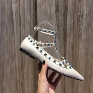 White Blue Pointed Toe T-Strap Mary Jane Shoes