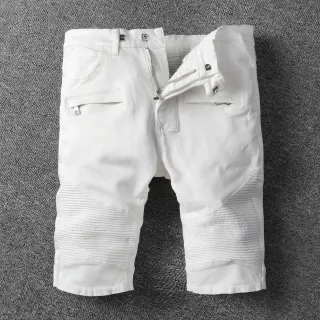 White Denim Zip-Fly Moto Shorts