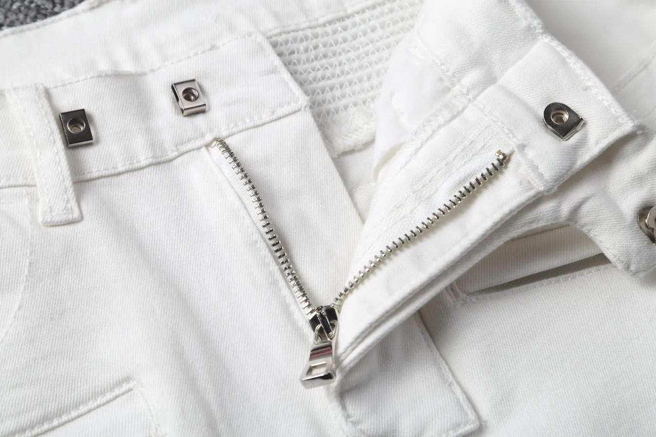 White Denim Zip-Fly Moto Shorts 6