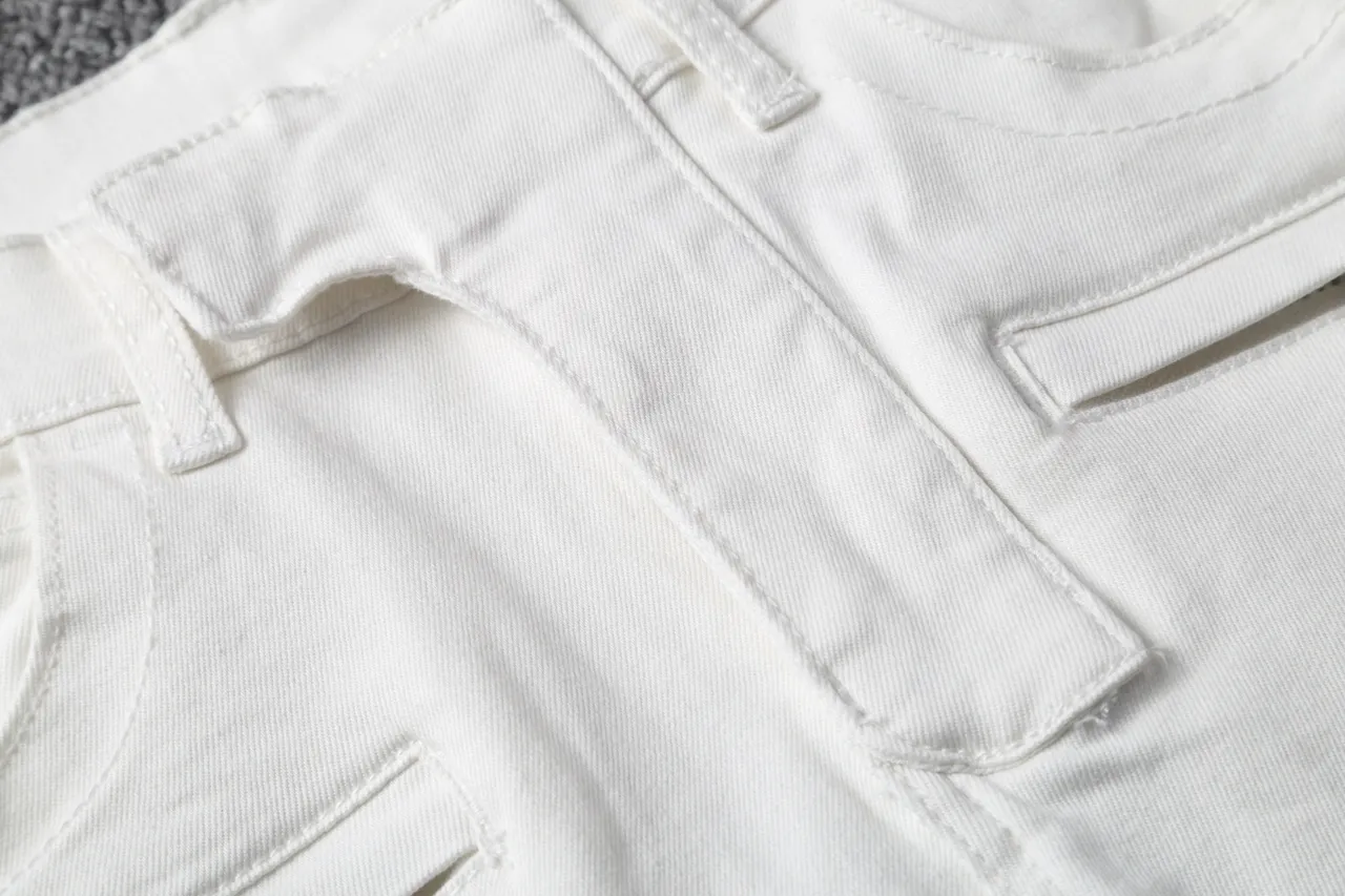 White Denim Zip-Fly Moto Shorts 7