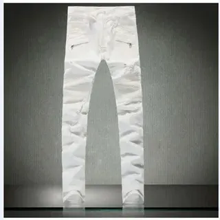 White Distressed Denim Zippered Thigh Pockets Jeans