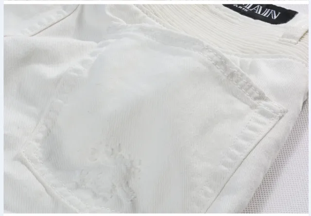 White Distressed Denim Zippered Thigh Pockets Jeans 5