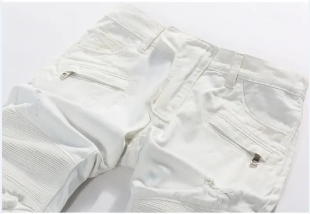 White Distressed Denim Zippered Thigh Pockets Jeans 15