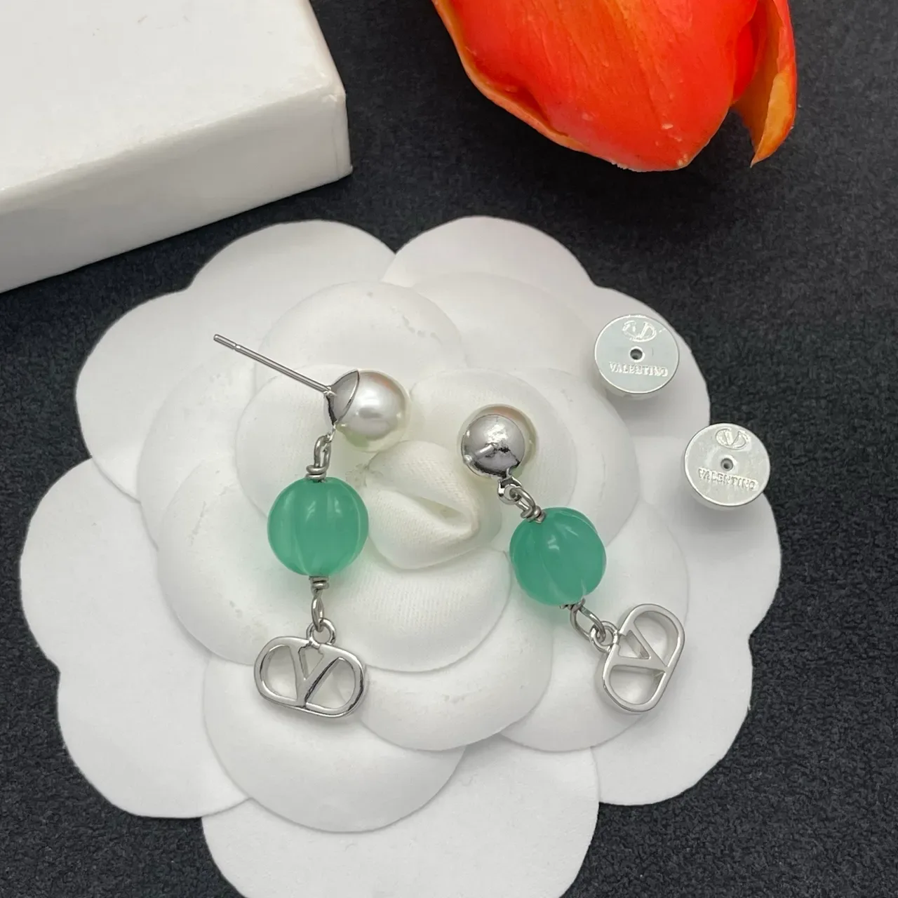 White Green Dangle Pearl And Stone Beads Earrings 3
