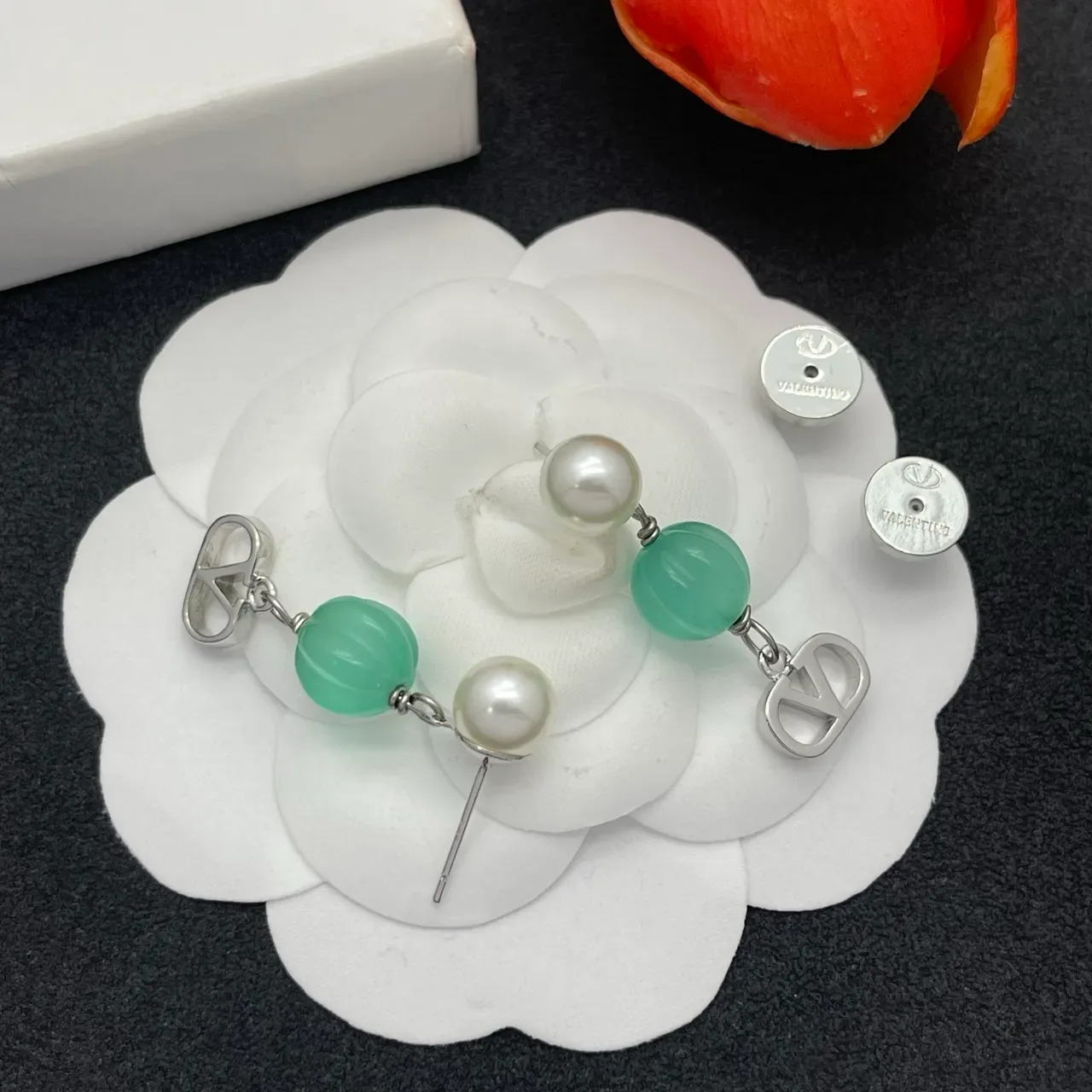White Green Dangle Pearl And Stone Beads Earrings 4