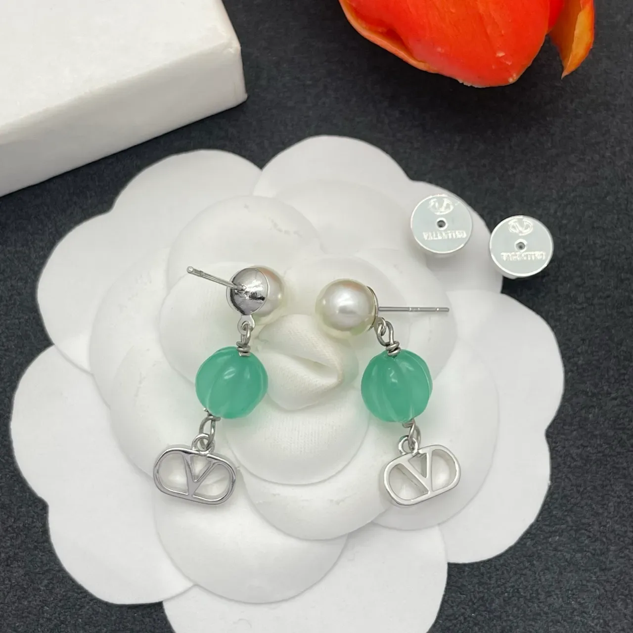 White Green Dangle Pearl And Stone Beads Earrings 5