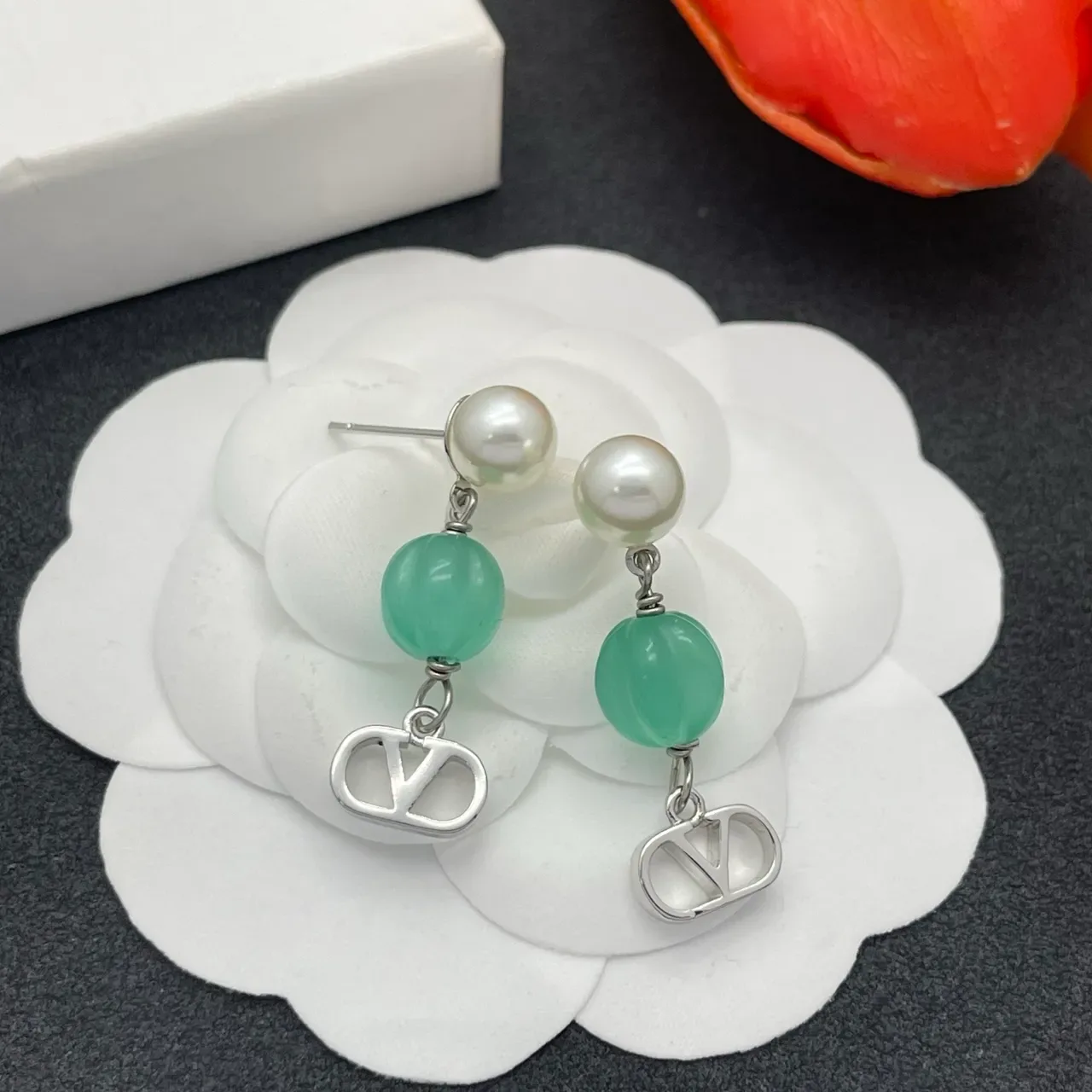 White Green Dangle Pearl And Stone Beads Earrings 7