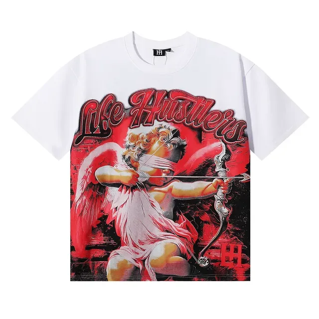 White Red Graphic Cherub Print Oversized T-Shirt 3