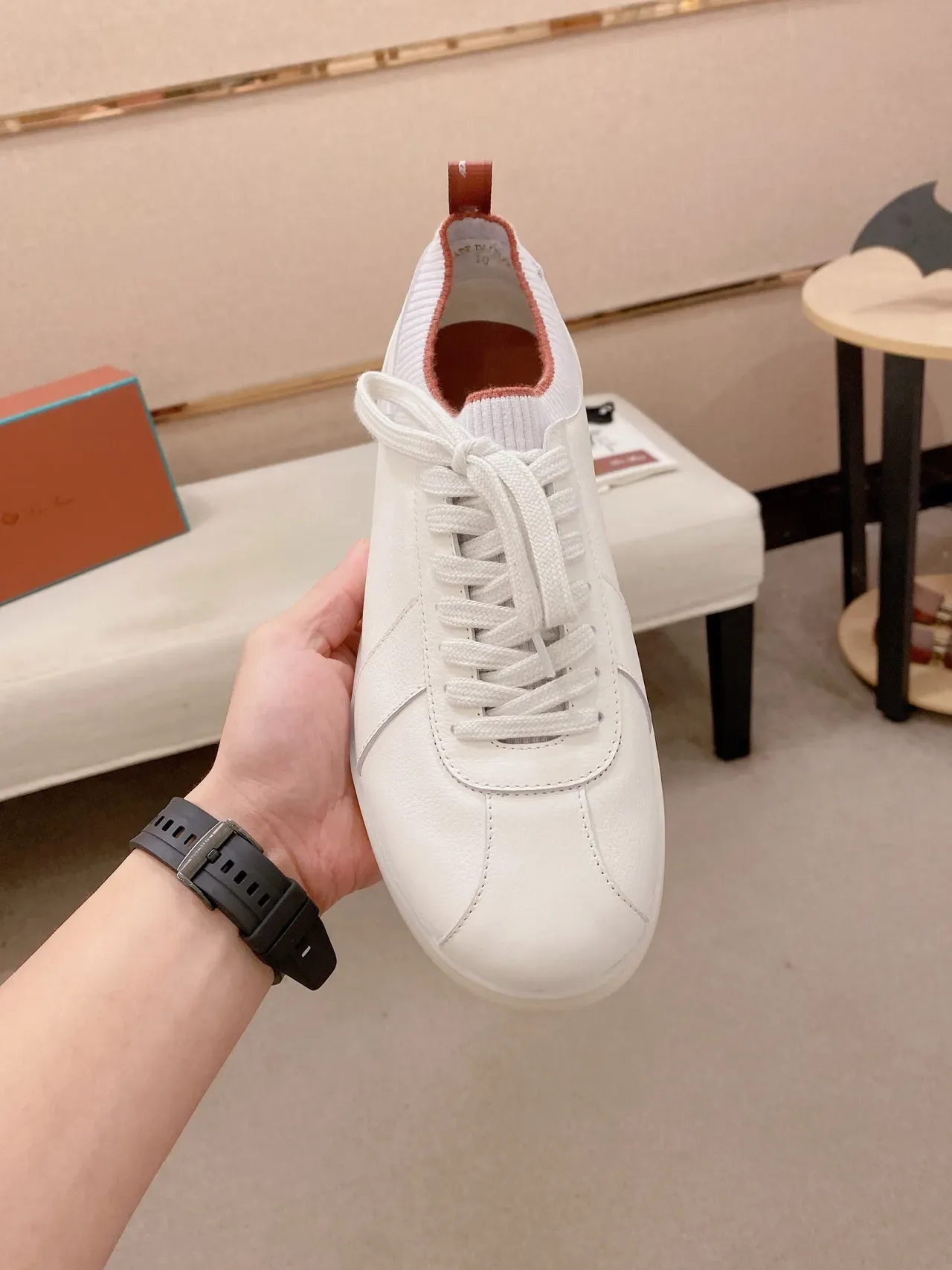 White Red Low-Top Knit Collar Sneakers 5