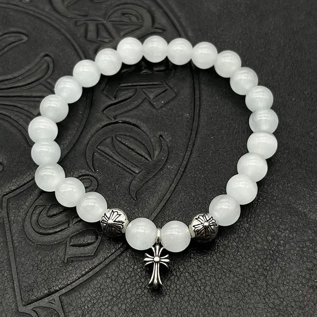 White Silver Beaded Translucent Stone Bracelet 7