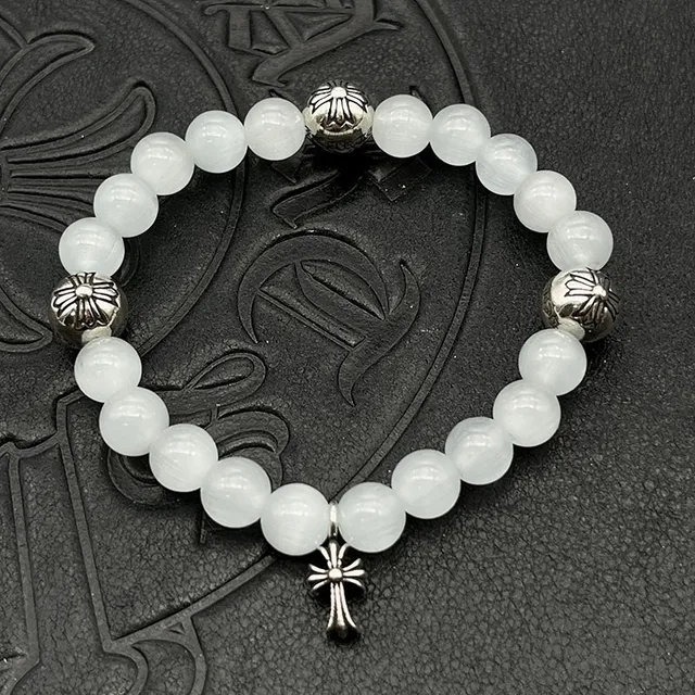 White Silver Beaded Translucent Stone Bracelet 9